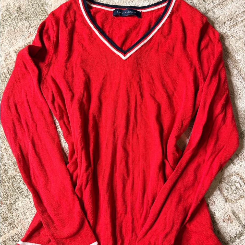 Tommy Hilfiger Red V-Neck Sweater with White Trim